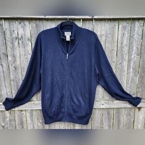 LL Bean Men's Cashmere Cotton Cardigan Sweater Full Zip Mock Neck Dark Blue L